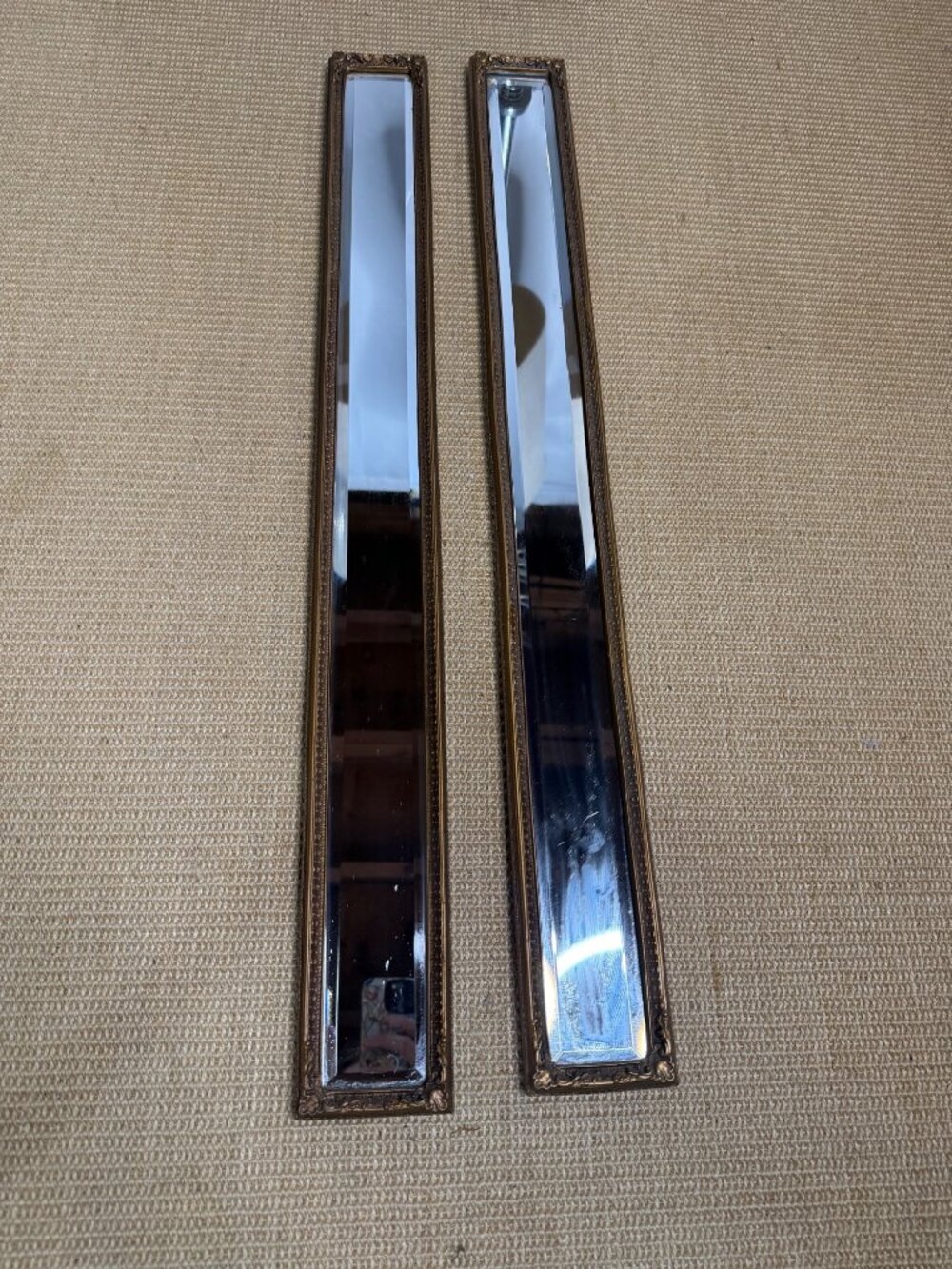Vintage Gold Ornate Rectangular Framed Mirrors Thin MCM Set Two